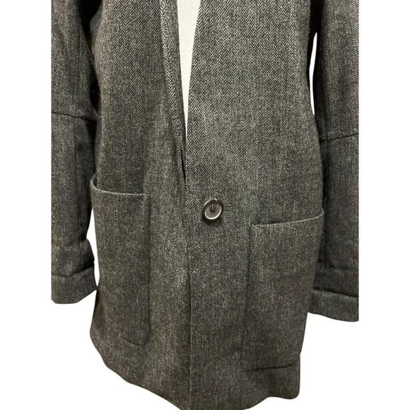 ZARA Woman XS Wool‎ Blend Herringbone Longline Collarless Boyfriend Blazer - Picture 6 of 6